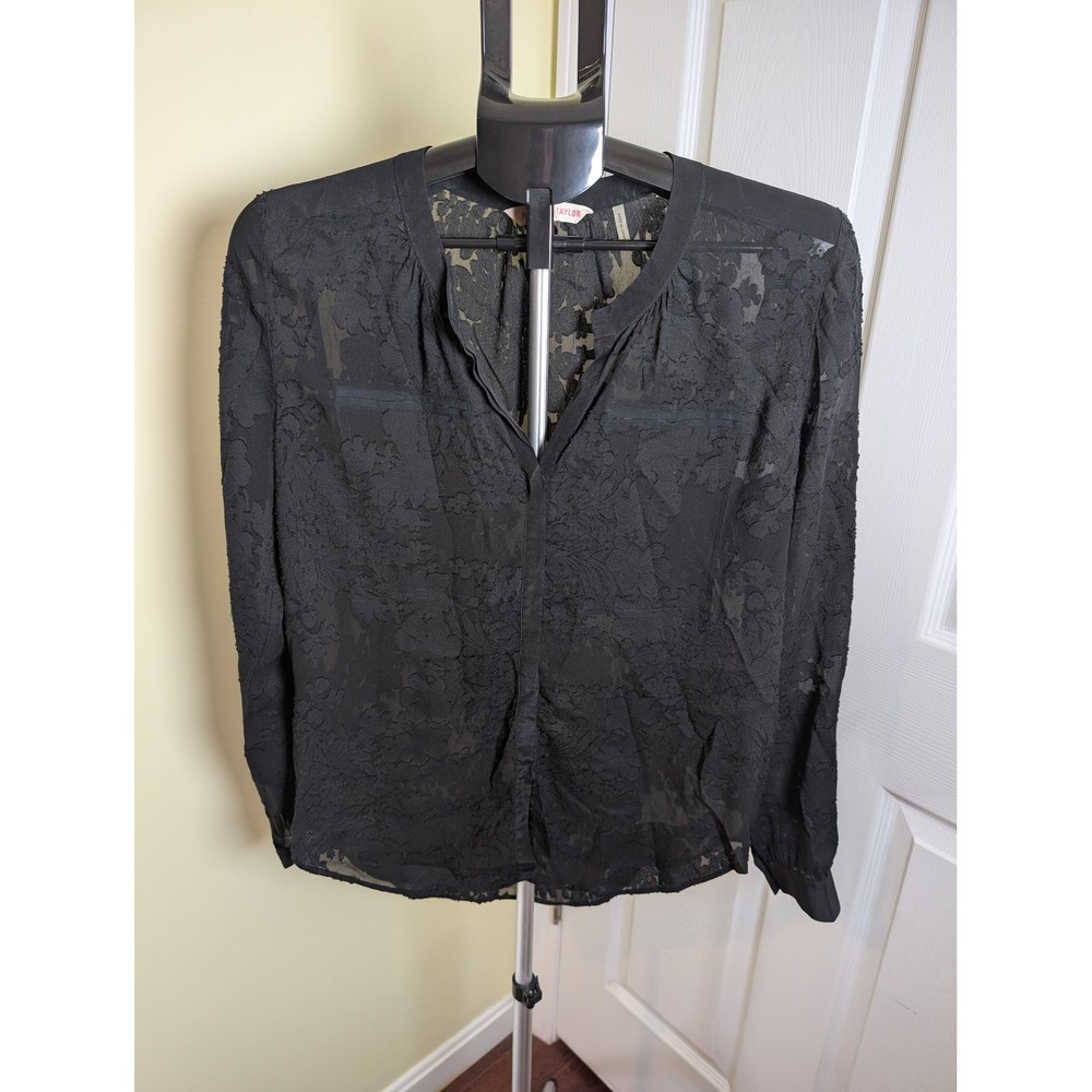 Rebecca Taylor Blouse Women 8 Black Floral Silk Blend Sheer Burnout Long Sleeve
